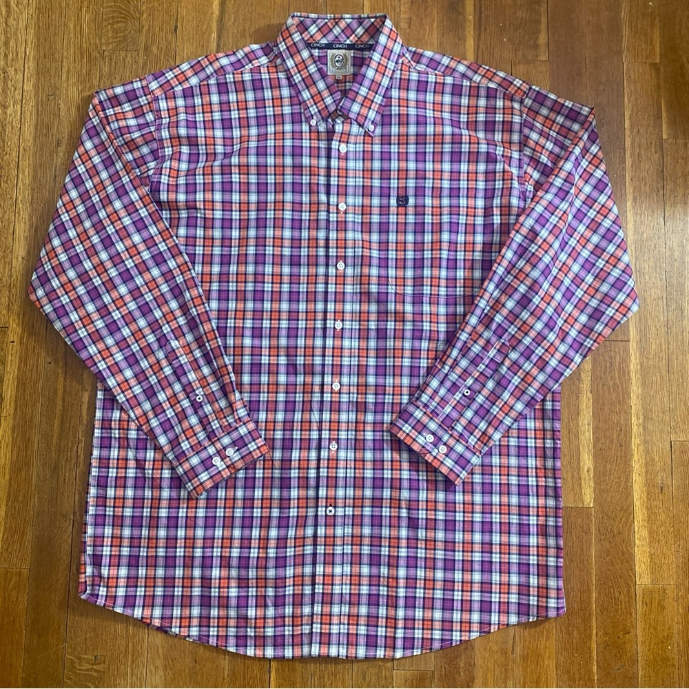Cinch Men’s Western Shirt Size XL Long Sleeve Button Front Plaid Purple Orange